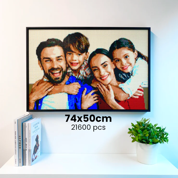 Custom Photo Brick Art 74x50cm, 21600pcs, 4mm Mini Bricks | Premium Frame & Tool Kit Included (Perfect for 4 People Building Together)